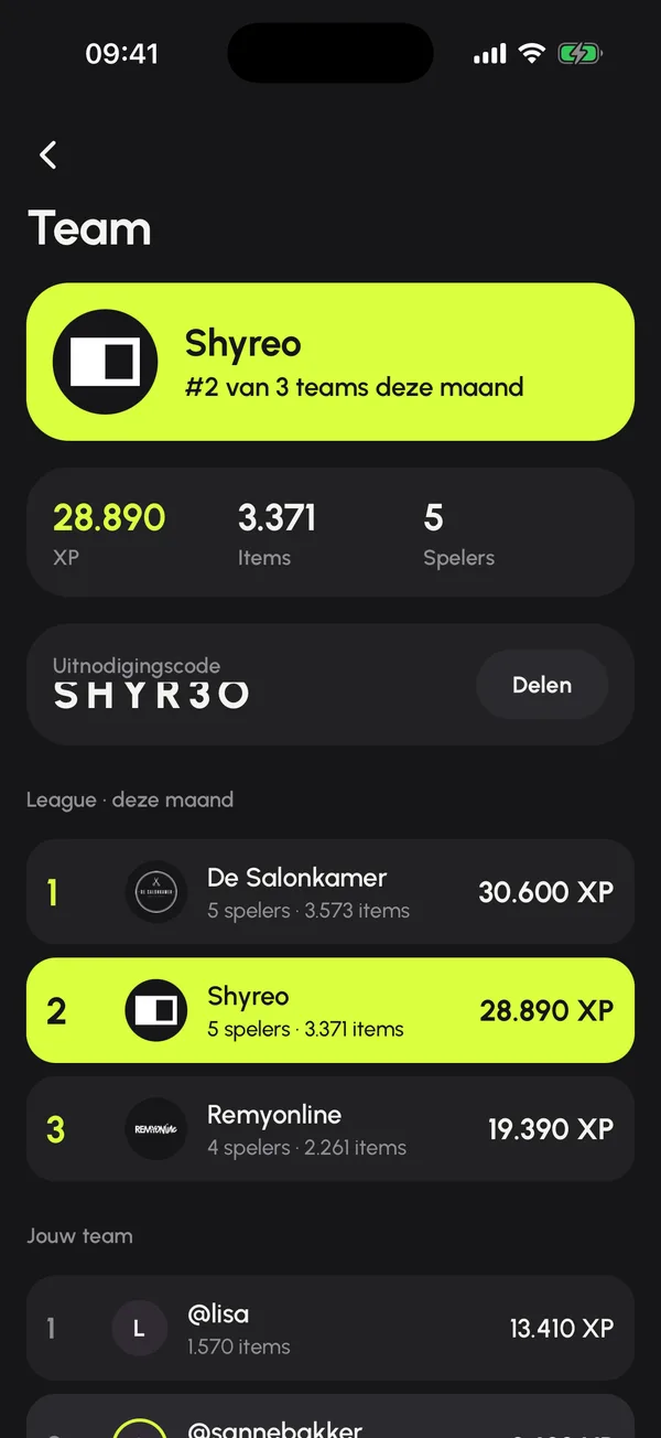 Het teamscherm in de CLND-app